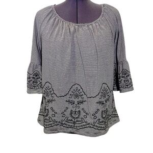 FEVER Women plus size 3X black white stripe embroidered 3/4 flare sleeve pullon